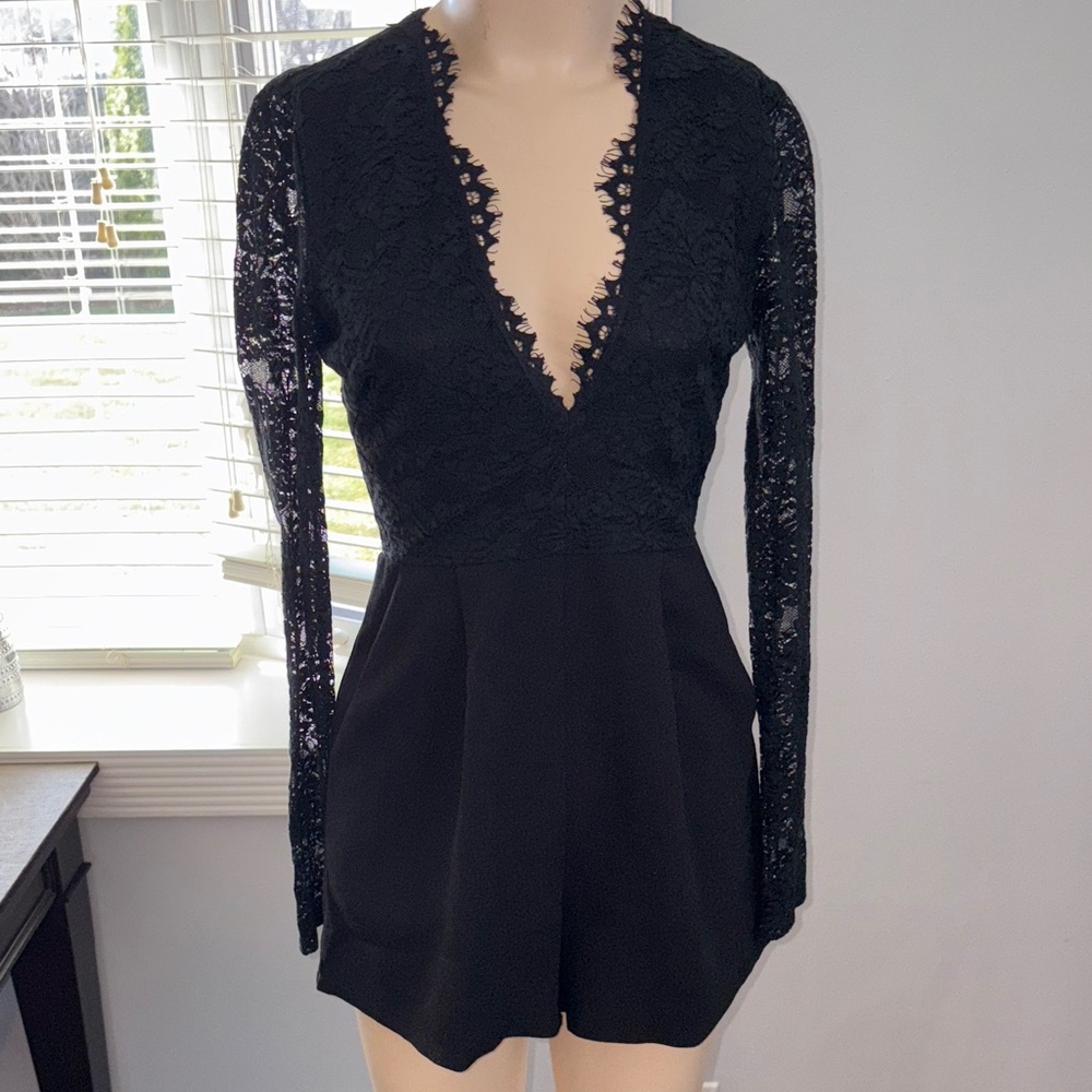 Black Lace Long Sleeve Romper with Pockets